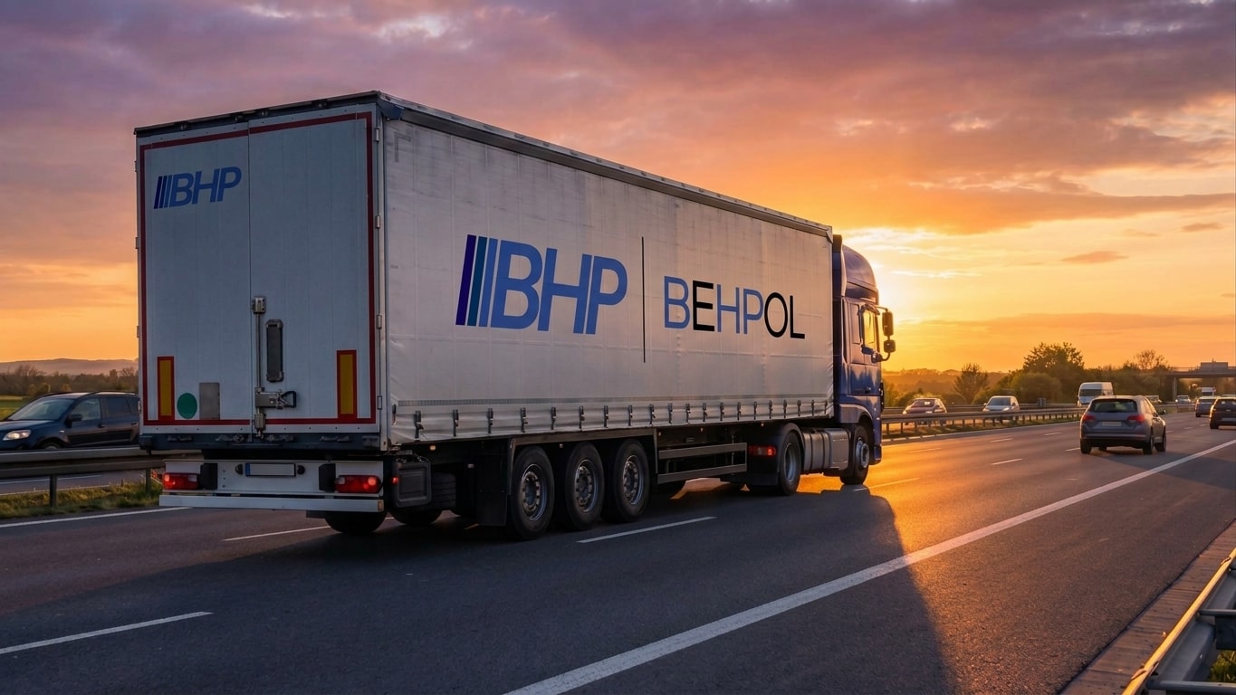 Ciężarówka BEHPOL na autostradzie o zachodzie słońca.